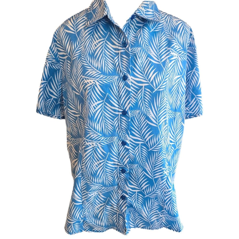 VTG 80/90s American Sweetheart Palm Leaf Shirt Blue White Button Sleeve Tropical